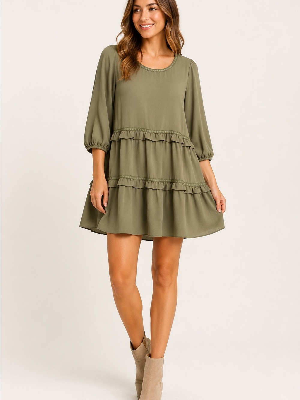 Easel Los Angeles Olive Green Tiered Ruffle Boho Mini Dress M